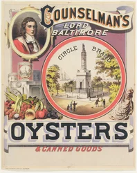 Plakat, das Counselmans Lord Baltimore Circle Brand Austern und Konserven bewirbt