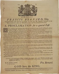 Proklamation im Namen von Francis Bernard, Gouverneur der Massachusetts Bay: Ankündigung eines Fastentages während des Französisch- und Indianerkrieges, 8. April 1761