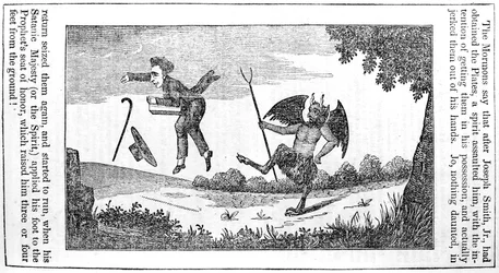 Satan tritt Joseph Smith (1805-44), von der Rückseite des Anti-Mormon Almanac für 1842