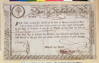 Schuldschein des Staates Massachusetts Bay, angeblich von Paul Revere (1735-1818) graviert, 1779