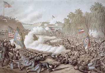 Die Schlacht von Corinth, 3.-4. Oktober 1862, zeigt die Flaggen von Nord und Süd, von Kurz & Allison