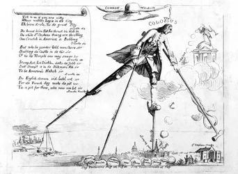 Der Koloss, Karikatur zur Aufhebung des Stempelgesetzes, ca. 1765