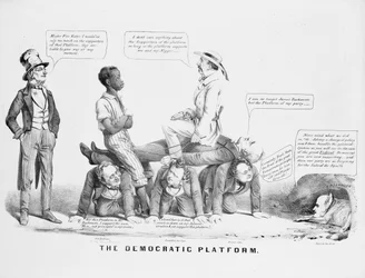 "Die Demokratische Plattform" politische Karikatur über die Haltung der Demokratischen Partei zur Sklaverei, ca. 1856