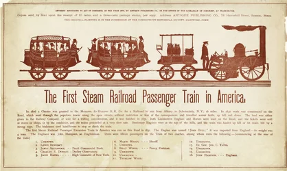 Der erste Dampfeisenbahn-Personenzug in Amerika, veröffentlicht um 1870 (Farbholzschnitt)