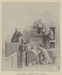 Der Hexenwahn - Szene im Gericht (Lithografie)