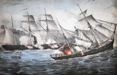 U.S. Schoner "Kearsage" versenkt konföderierten Räuber "Alabama" vor Cherbourg