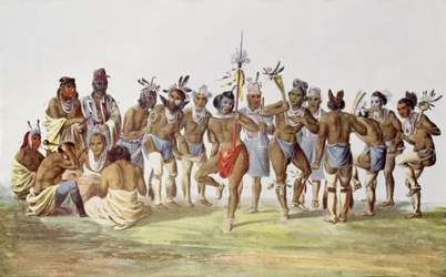 Kriegstanz der Sauk und Fox, Illustration aus „Die Indianerstämme Nordamerikas, Band 1“ von Thomas L. McKenney und James Hall, veröffentlicht von John Grant