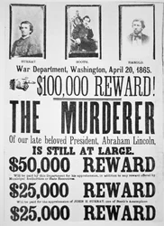 Plakat des Kriegsministeriums von Washington, das eine Belohnung von 100.000 Dollar für die Ergreifung des Mörders von Abraham Lincoln (1809-65) am 20. April 1865 ankündigt