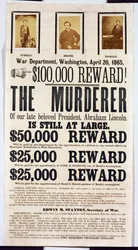 Washingtoner Kriegsministerium Plakat, das eine Belohnung von 100.000 $ für die Ergreifung des Mörders von Abraham Lincoln ankündigt, 20. April 1865