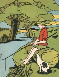 Junger Junge, der mit seiner Katze in einem Fluss angelt