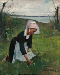 Bretonisches Mädchen beim Blumenpflücken