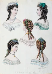 Fünf Frauenfrisuren Tafel aus „La mode illustrée“ von Anais Coutwelve