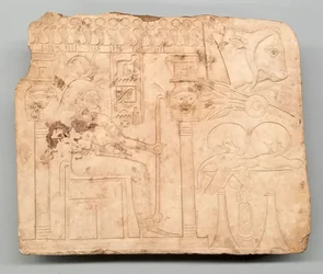 Künstlerisches Probestück: Hathor im Schrein, Opfergaben, Ochsenkopf