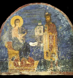 Großfürst Jaroslaw II. Wsewolodowitsch mit Modell der Nereditsa-Kirche vor Christus, 12. Jahrhundert