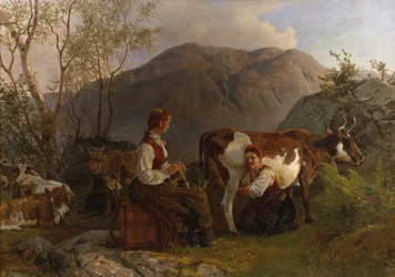 Melkerinnen mit Kühen