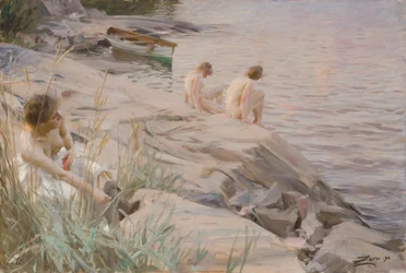 Mädchen beim Baden unter freiem Himmel (im Freien); badende Mädchen, draußen; im Freien