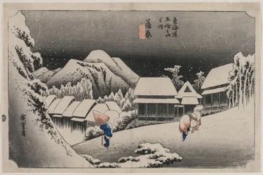Abendschnee in Kambara, Nummer sechzehn der Serie Dreiundfünfzig Stationen des Tokaido, 1833