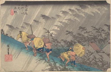 Plötzlicher Regenschauer in Shono, aus der Serie Dreiundfünfzig Stationen des Tokaido, 1834-35