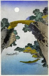 Geographie. Japan. Brücke. Holzschnitt von Hiroshige in: Dreiundfünfzig Stationen des Tokaido (1833-1834). Postkarte, Japan, ca. 1900