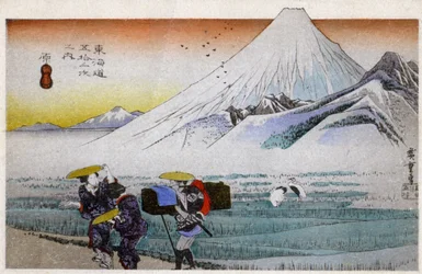 Geographie. Japan. Hara, Berg Fuji am Morgen (13. Station). Holzschnitt von Hiroshige in: Dreiundfünfzig Stationen des Tokaido (1833-1834). Postkarte, Japan, ca. 1900