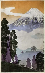 Geographie. Japan. Berg Fuji. Holzschnitt von Hiroshige in: Dreiundfünfzig Stationen des Tokaido (1833-1834). Postkarte, Japan, um 1900