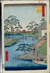 Hundert berühmte Ansichten von Edo: Mokuboji-Tempel und Gemüsefelder am Uchigawa-Inlet