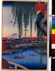 Japanischer Druck: Ansicht der Yatsumi-Brücke (Tokio, Japan). Serie Hundert berühmte Ansichten von Edo