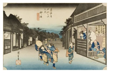 Nr. 36 Goyu - Kellnerinnen, die Reisende anwerben, Edo-Periode, ca. 1833-34