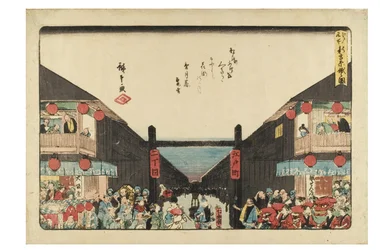 Shin Yoshiwara Niwaka Festival aus der Serie Berühmte Orte in Edo, um 1840-1844