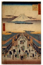 Suruga-Straße. Teil der Serie: die 53 Stationen des Tokaido. Japanischer Druck von Utagawa Hiroshige (1797-1858)