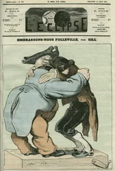 Karikatur „Wir küssen Folleville“, Vaudeville von Eugene Labiche (1815-1888) und Auguste Lefranc (1814-1878). Titelblatt in „L