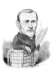 Karikatur von Georges Ohnet (1848-1918), ein französischer Schriftsteller, dargestellt mit seinen Büchern und seinem Stift. Zeichnung von Andre Gill. Gravur in "Le Monde Illustré"