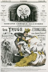 Karikatur der „Thugs“, ein Kult von Fremden, Anbeter von Kali, die von britischen Siedlern ausgerottet wurden. Karikatur von Gill, in „The Moon“, 2. September