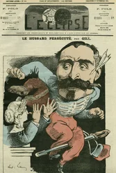Karikatur „der Husar verfolgt (von Marianne, die seine Nase macht), Monsieur de Saint-Genest (Saint Genest). Titelblatt in „L