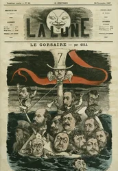 Illustration der Zeitung „Le Corsaire“ und ihrer Kolumnisten. Karikatur von Gill, in „La Lune“, 24. November