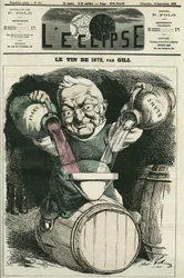 Le vin de 1872, Illustration von Adolphe Thiers, der weißen und roten Wein mischt (1797-1877), französischer Historiker und Staatsmann. Titelblatt in „L