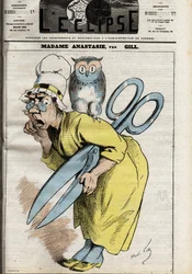 Madame Anastasia mit der Schere der Zensur. Anastasia symbolisiert die Zensur der Presse und des Verlagswesens und trägt wahrscheinlich ihren Namen von Papst Anastasius I., der bestimmte Bücher verbot, die nicht der christlichen Kosmologie entsprachen. Ill