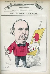 Porträt von Benjamin Raspail (1823-1899), einem französischen Maler und Politiker, er war der Urheber des Gesetzes, das den 14. Juli zum Nationalfeiertag machte. Karikatur von Gill, Paris.