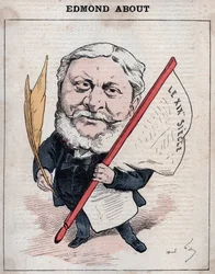 Porträt von Edmond Francois Valentin About (1828-1885) französischer Schriftsteller, Journalist und Kunstkritiker Karikatur von Andre Gill, in „Les Hommes d
