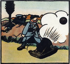 Erster Weltkrieg 1914-1918: Bombenwerfer. Ein französischer Soldat schießt Bomben auf den Feind mit einer Kanone. Gravur in 