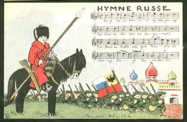 Postkarte, Satirisch in Farben: Russische Hymne - Krieg von 14-18, Russland, Gesang - Soldaten Illustration von Andre Helle (1875-1945)