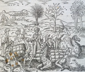 Arabische Händler in Syrien, Gravur aus der Universal Cosmology, von Andre Thevet