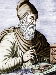 Archimedes (287-212 v. Chr.), griechisch-sizilianischer Physiker und Mathematiker, koloriertes Dokument
