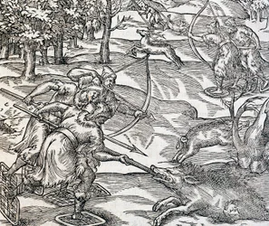 Indianer bei der Wildschweinjagd, Gravur aus der Universal Cosmology von Andre Thevet, Paris