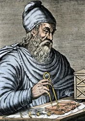 Wissenschaften: Archimedes von Syrakus (287-212 v. Chr.), griechischer Mathematiker der Antike, verwendet einen Gleitfuß für die Pläne der Archimedischen Schraube, deren Prinzip er aus Ägypten zu beziehen scheint und die er zum Wasserheben verwendet. Farbi