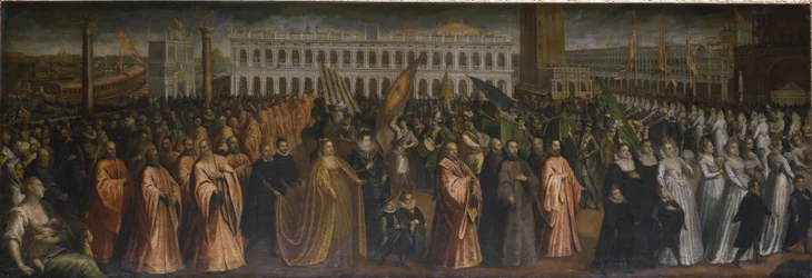 Die Dogaressa Marina Morosini-Grimani verlässt den Palazzo Grimani zu ihrer Krönung im Dogenpalast in Venedig