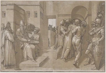 Christus wird weggeführt, Soldaten stehen auf der rechten Seite des Blattes, 1585