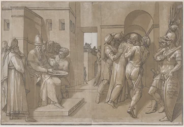 Pilatus links wäscht sich die Hände, linke Seite des Blattes, 1585