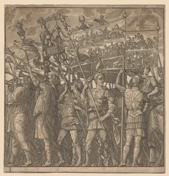 Der Triumph von Julius Caesar: Soldaten tragen die Bilder des Krieges