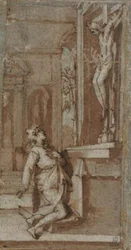 Christus am Kreuz in San Miniato neigt seinen Kopf zu St. Johannes Gualberto